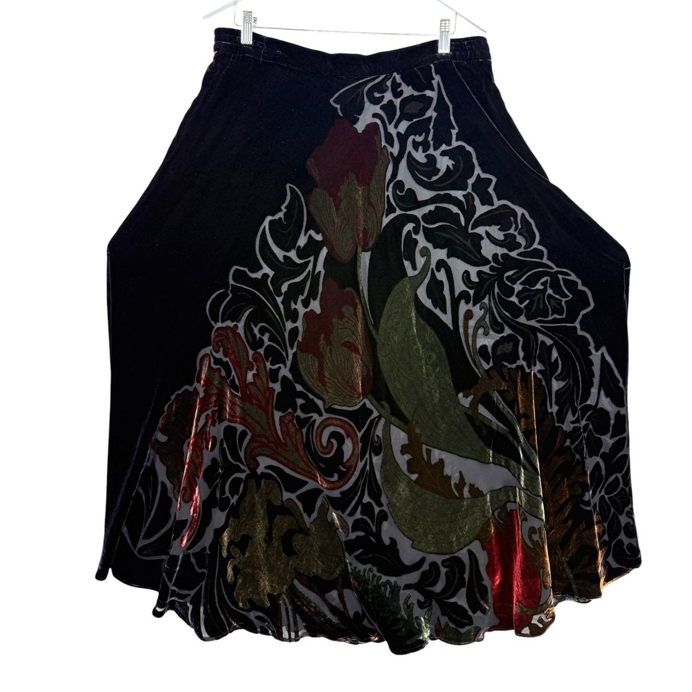 Ethos Los Angeles Women's Size L Black Velvet Silk Blend Floral Maxi Skirt